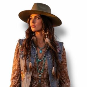 Army Green Suede Wide Brim Rancher Fedora M/L NWT